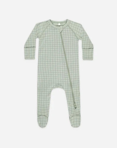 Quincy Mae Bamboo Zip Footie || Sage Grid