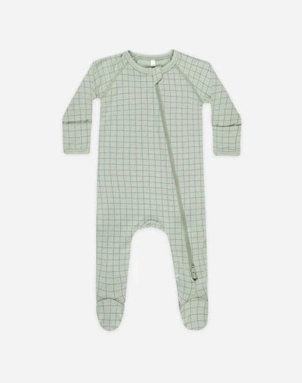 Quincy Mae Bamboo Zip Footie || Sage Grid