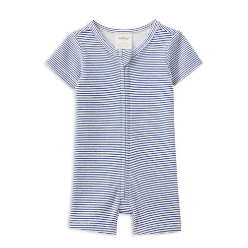 Milky Rib Zip Romper | Blue Stripe