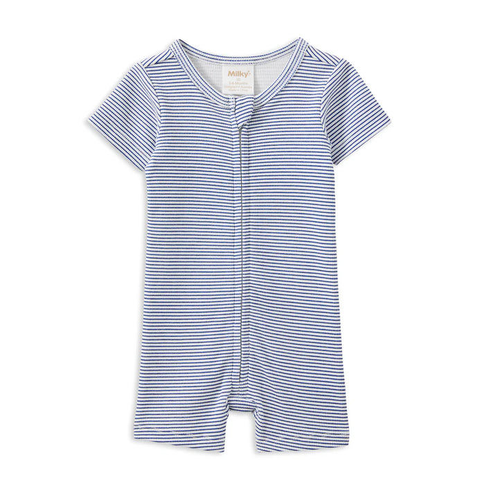 Milky Rib Zip Romper | Blue Stripe