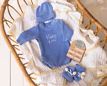Load image into Gallery viewer, confetti kidz &quot;He&#39;s Here&quot; Chunky Knit Romper | Sky