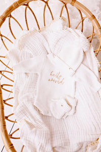 confetti kidz "Hello World" Chunky Knit Romper | Caramel Font