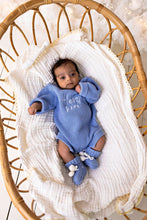 Load image into Gallery viewer, confetti kidz &quot;He&#39;s Here&quot; Chunky Knit Romper | Sky