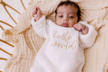 Load image into Gallery viewer, confetti kidz &quot;Hello World&quot; Chunky Knit Romper | Caramel Font