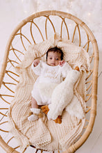 Load image into Gallery viewer, confetti kidz &quot;Hello World&quot; Chunky Knit Romper | Caramel Font