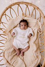 Load image into Gallery viewer, confetti kidz &quot;Hello World&quot; Chunky Knit Romper | Caramel Font