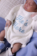 Load image into Gallery viewer, confetti kidz &quot;He&#39;s Here&quot; Chunky Knit Romper | Snow
