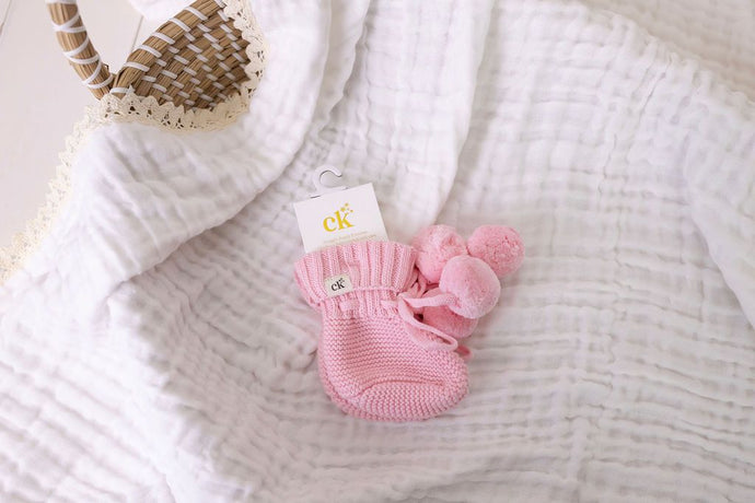 confetti kidz Knitted Booties | Pink Pom Poms