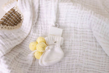 Load image into Gallery viewer, confetti kidz Knitted Booties | Snow + Yellow Pom Poms