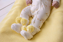 Load image into Gallery viewer, confetti kidz Knitted Booties | Snow + Yellow Pom Poms