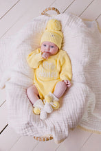 Load image into Gallery viewer, confetti kidz Knitted Booties | Snow + Yellow Pom Poms