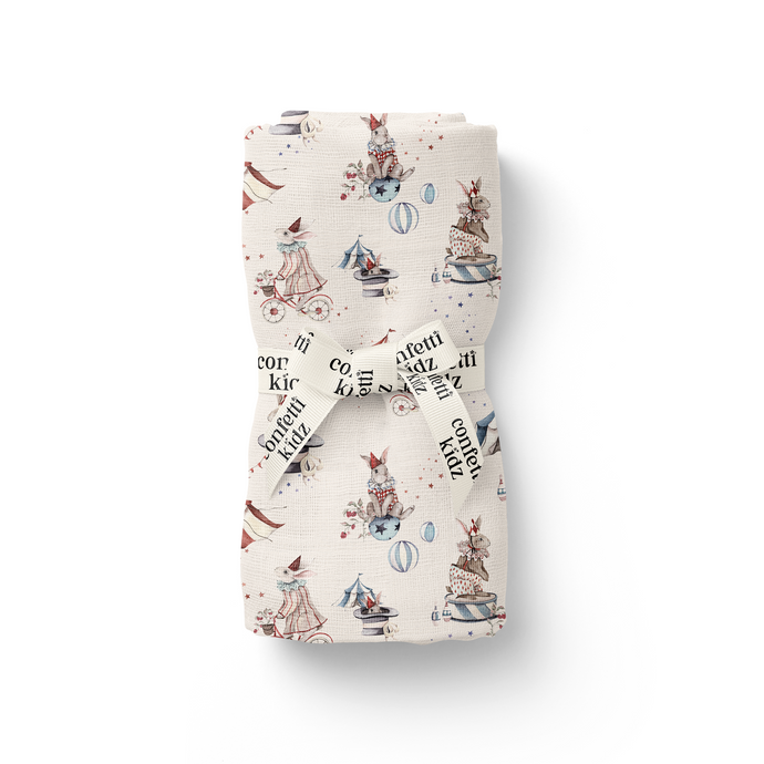 confetti kidz Organic Muslin Swaddle | Circus Bunnies
