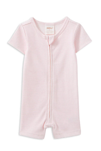 Milky Rib Zip Romper | Pink Stripe