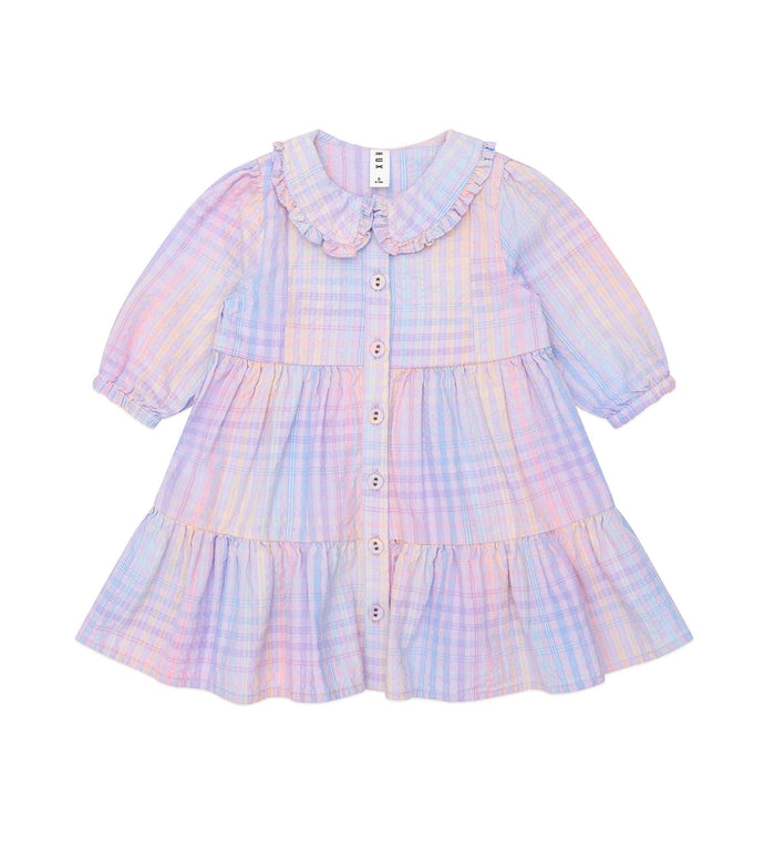 HUXBABY Rainbow Check Long Sleeve Frill Dress