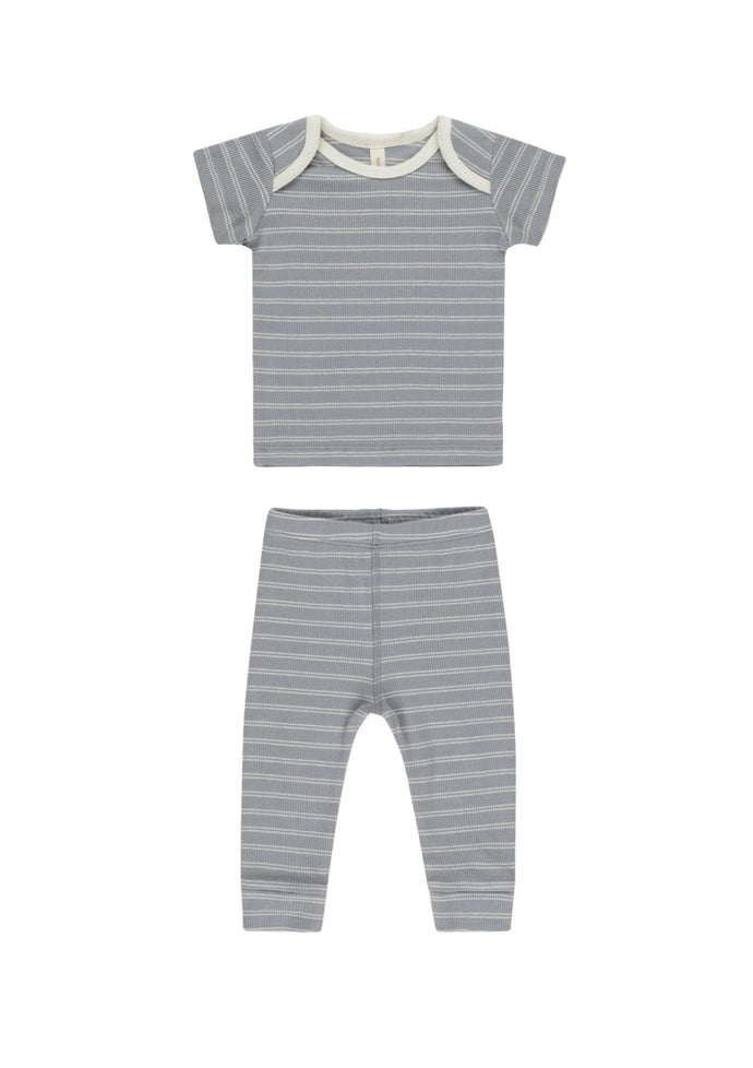 Quincy Mae Ribbed Short Sleeve Tee + Legging Set || Blue Pinstripe