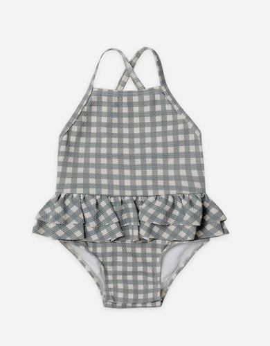 Quincy Mae ruffled one piece swimsuit || sea green gingham
