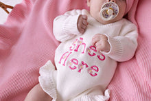 Load image into Gallery viewer, confetti kidz &quot;She&#39;s Here&quot; Floral Knit Romper | Snow