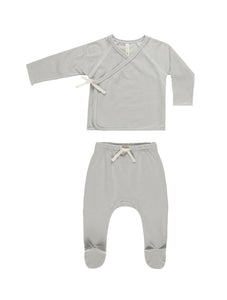 Quincy Mae Wrap Top + Footed Pant Set || Blue Micro Stripe