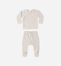 Load image into Gallery viewer, Quincy Mae Wrap Top + Footed Pant Set || Oat Micro Stripe