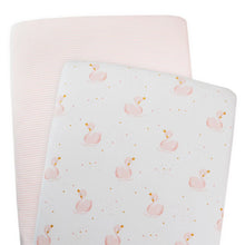 Load image into Gallery viewer, Living Textiles 2 Pack Cotton Jersey Bassinet Fitted Sheet - Swan Princess/Pink Stripe - www.bebebits.com.au