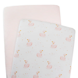 Living Textiles 2 Pack Cotton Jersey Bassinet Fitted Sheet - Swan Princess/Pink Stripe - www.bebebits.com.au